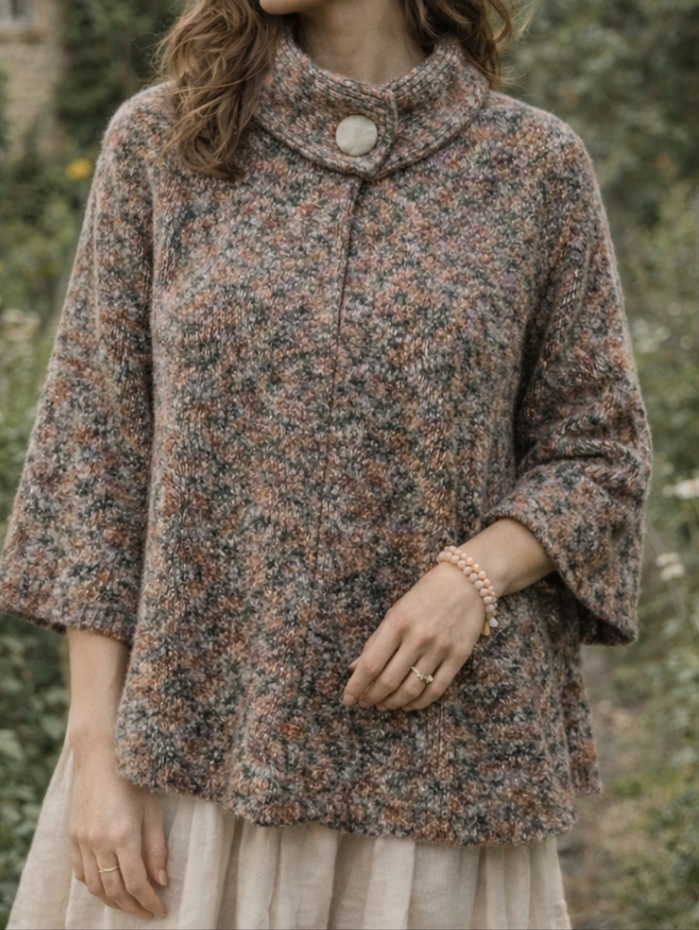 Tweed S Cape Sweater XL Marled Knit Poncho Style Button Neck Cozy Boho Earthy